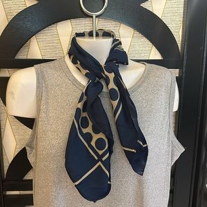 Vintage Eileen Wood Navy & Tan Polka Dot 25” Square Head / Neck Scarf.
